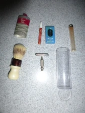 Gillette safety razor travel kit - Styptic pencil, blades Talc, soap brush qu b