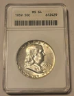 1959 Franklin Half Dollar 50c ANACS Soapbox MS64  Light Rim Toning Old Holder