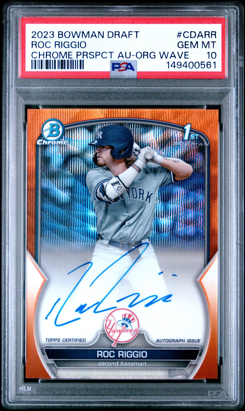 2023 Bowman Draft Chrome Prospect Auto #CDARR Roc Riggio Orange Wave /25 PSA 10
