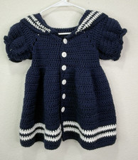 Vintage Crochet Navy Blue With White Stripes Button Sailor Dress 2T