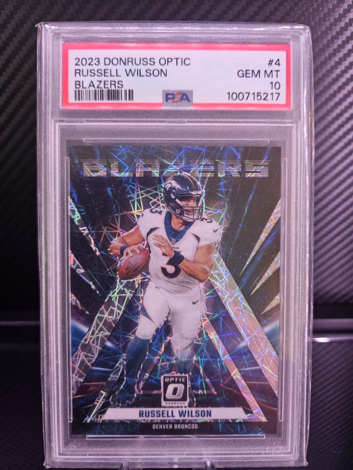 2023 Donruss Optic Russell Wilson Blazers #4 Broncos PSA 10 case hit