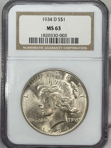 1934-D $1 Peace Silver Dollar NGC MS63 Silver Denver US Coin BETTER DATE!