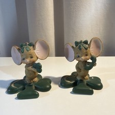 Pair Of Lefton China St Patrick’s Day Mice Holding Clover and Phone