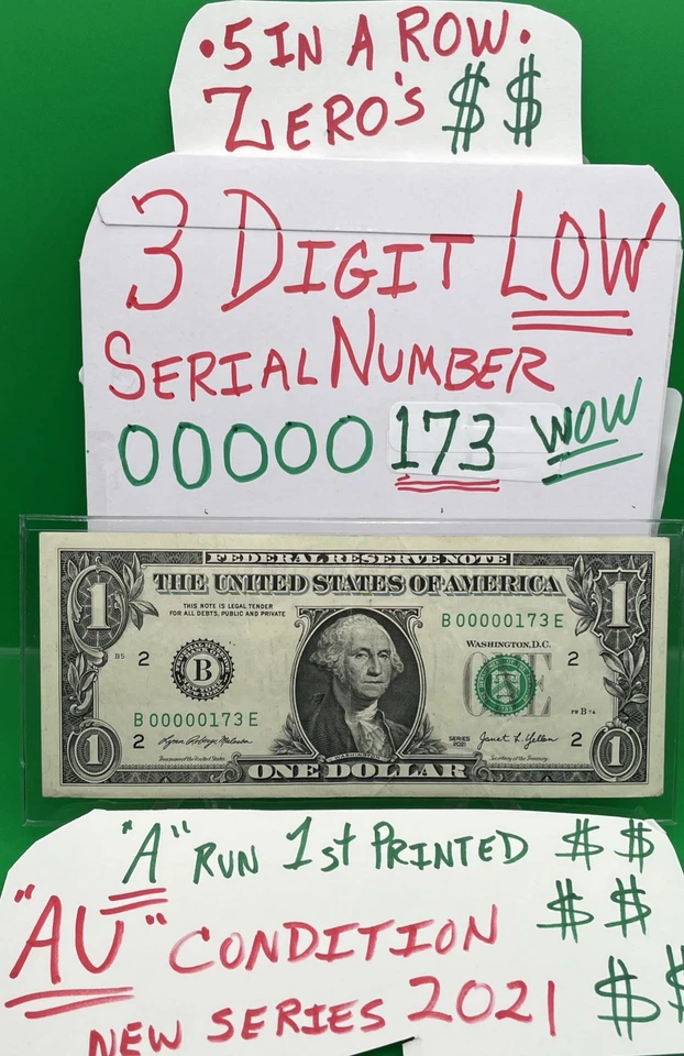2021 $1 Dollar 💵 Bill  3 DIGIT LOW SERIAL NUMBER B00000173 E Five In A Row ZERO - Image 2 of 4