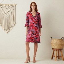 Boho Romantic Knee Length Dress Multi Floral Silk Wrap Sleeve Tie Folk L