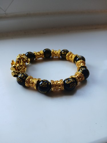 Black Beaded Bracelet Feng Shui Wealth Luck Plastic Stretch 8.5cm Used - Picture 2 of 6