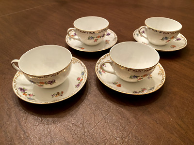 Noritake Dresdoll Four (4) Tea Cups & Saucer Sets Hand-Painted in Japan