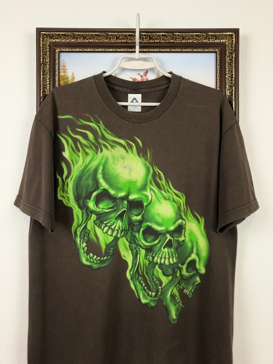 Vintage 90s Green Flaming Skulls Tee Rare Shirt Hype Over Print