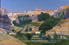Ｏｉｌ　ｐａｉｎｔｉｎｇ  Las huertas Cuenca old towm landscape no framed canvas & houses
