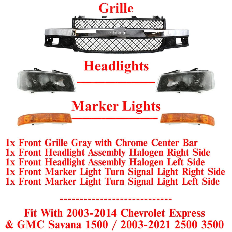 Conjunto de parrilla delantera + kit de faros para camioneta Chevy Express/GMC Savana 2003-21 Foto 2 de 4