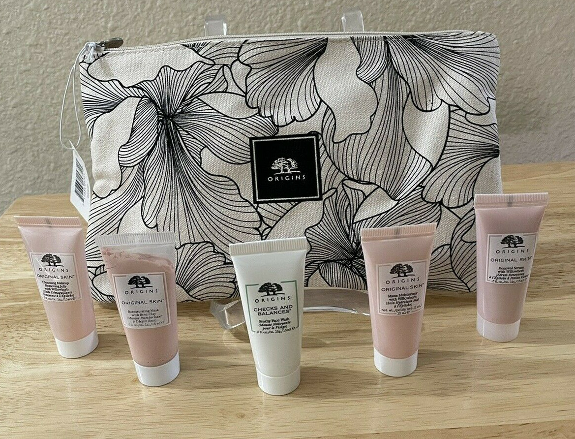 Origins Cream/Black Floral Printed Cosmetic Bag travel size products