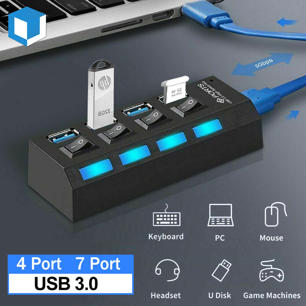 USB 3.0 HUB Splitter 7 Ports with On/Off Switches High Speed 5Gbps Micro  Multiple USB Port Expander for PC Computer 