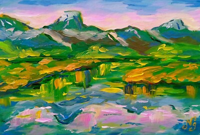 Bergsee Ölgemälde Abstrakt Original Kunst Kleine Landschaft 10x16 Gemälde