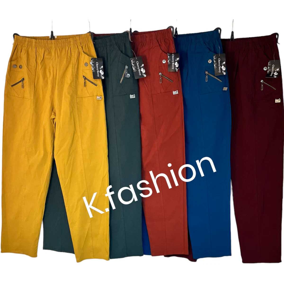 New Ladies Full Length Long Cherry Berry Trouser Pant Cotton Stretchy Casual UK