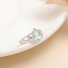 925 Sterling Silver Pear Aquamarine Filigree Women Engagement Ring
