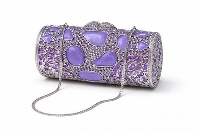 Purple Silver Crystal Cylinder Clutch with Chain Strap Party Cocktail Formal