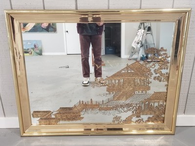 1980s Sharon Concepts Inc Large Mirror Oriental, Asian Gold Design 46x35.5 Inch