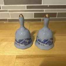 Vintage J.S.N.Y. Country Farm Home in Winter Scene Porcelain Bells (Set of 2)
