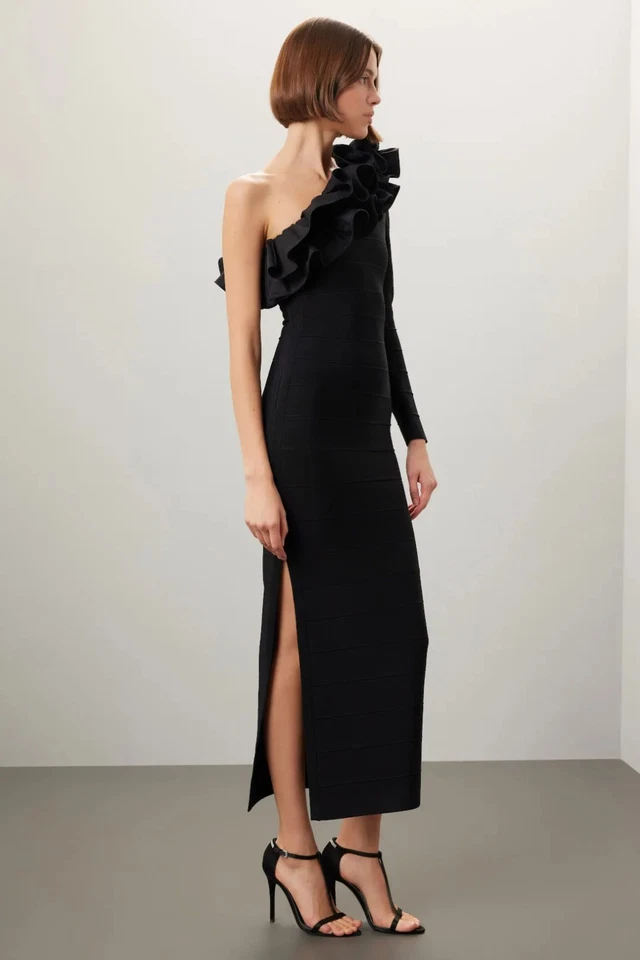 Vestido HERVE LEGER Negro Vendaje Asimétrico Volantes Un Hombro Talla M Ret $1990 Foto 2 de 4