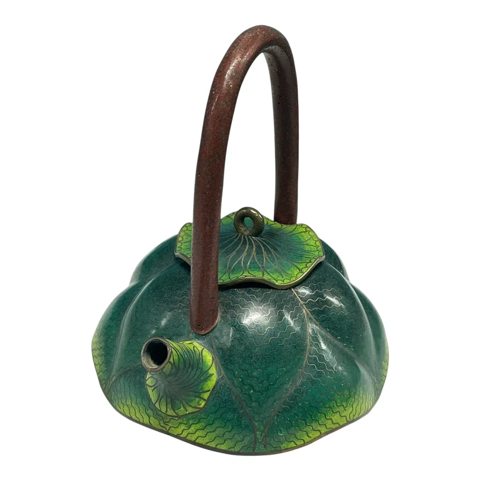 Antique Chinese Qing Dynasty Bronze Cloisonne Lotus Teapot RARE - Image 2 of 4