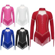 Kids Girls Jumpsuit Back Bodysuit Tassels Romper Costume Dance School Fringe