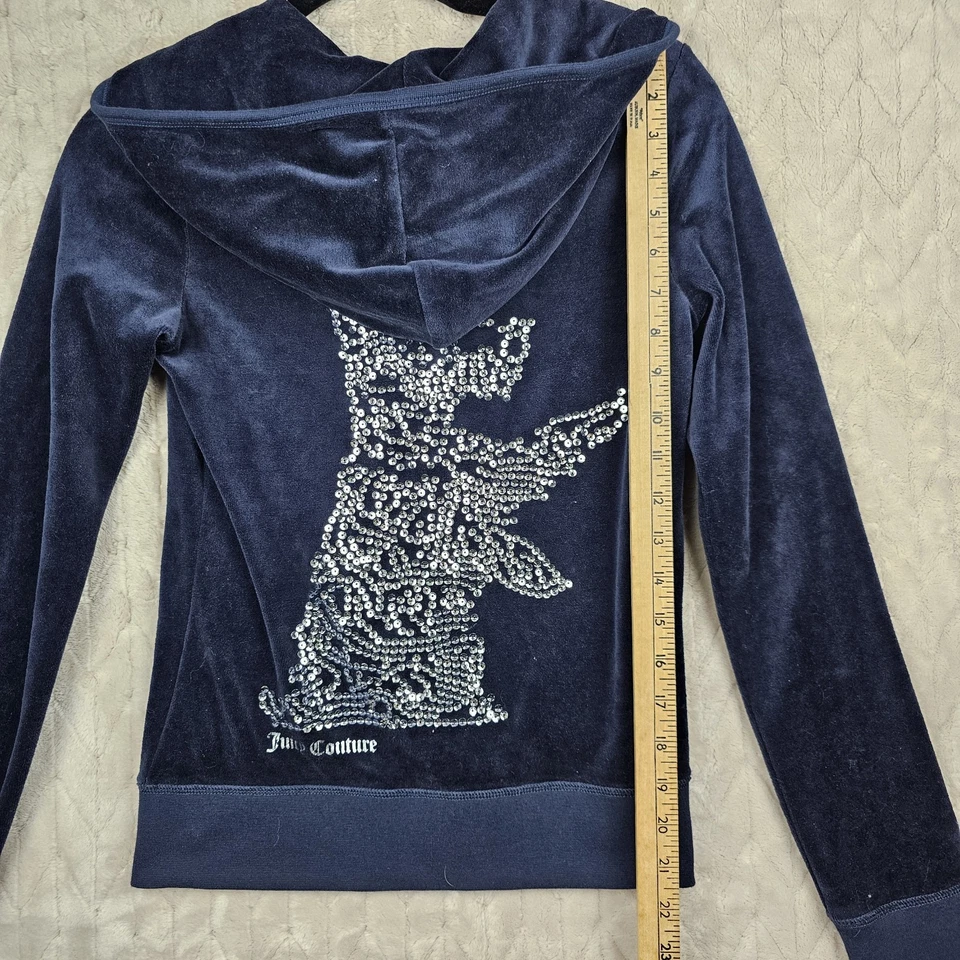 Y2K Juicy Couture Hoodie Small Full Zip Sequin Dog Velour Preppy Blue Paris - Image 4 of 4