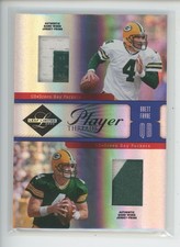 BRETT FAVRE LOGO PATCH /25 2005 LEAF LIMITED PLAYER THREADS DUAL JERSEY # 1/1