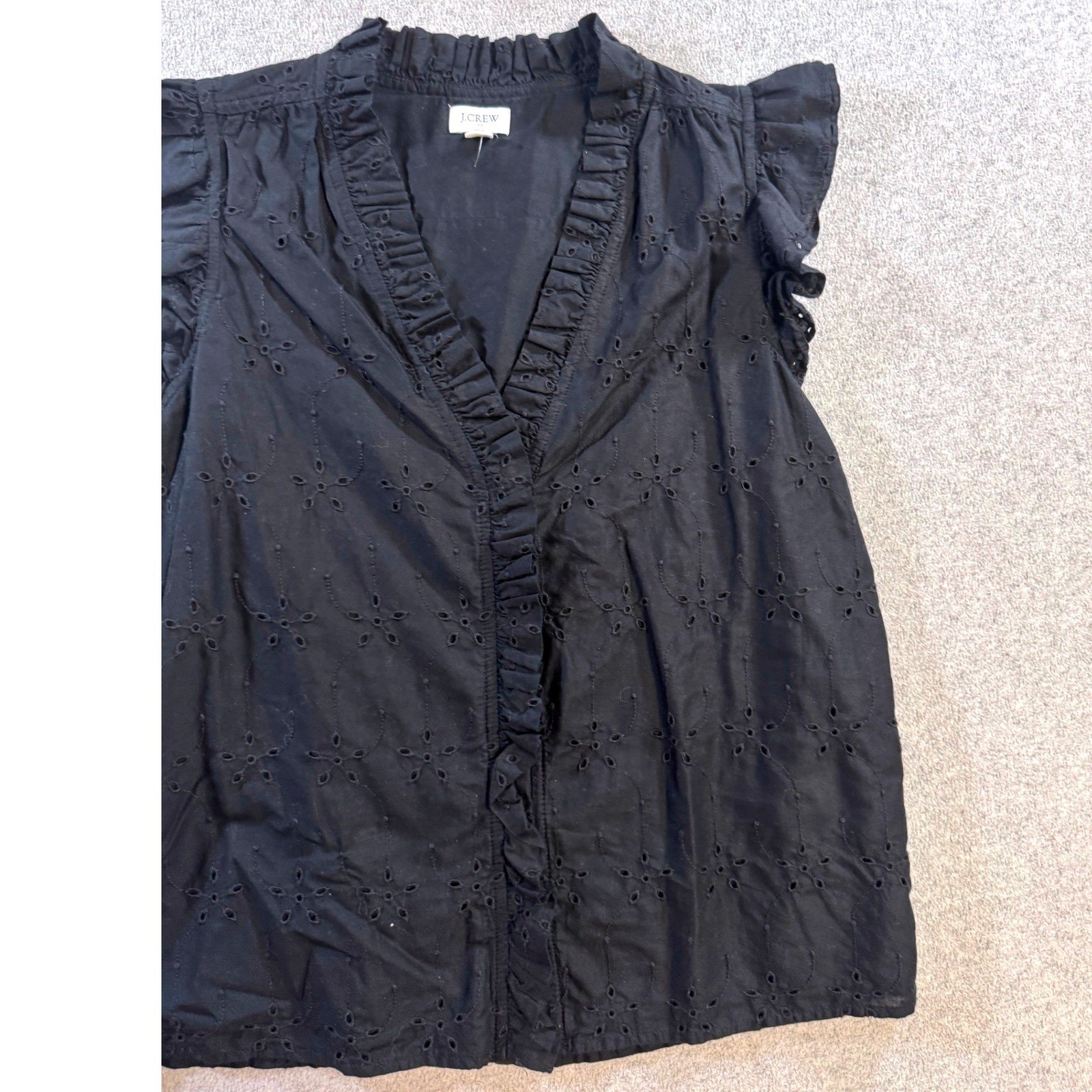 J Crew Black Eyelet Ruffle Blouse Womens Medium Ruffle Sleeve V Neck Boho Top image 3