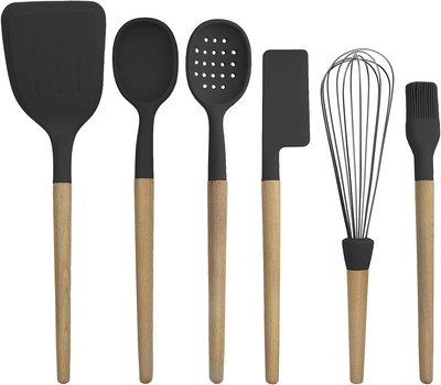 Country Kitchen Non Stick Silicone Utensil Set with 6 Piece Set, Black 