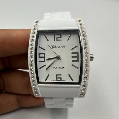 Geneva Watch Women White Crystal Bezel Hinged Cuff Band New Battery