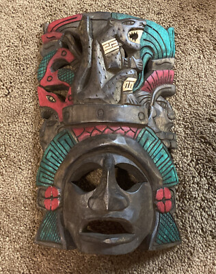 Wood Mask Mexican Carved Art Décor Aztec Mayan  Handmade