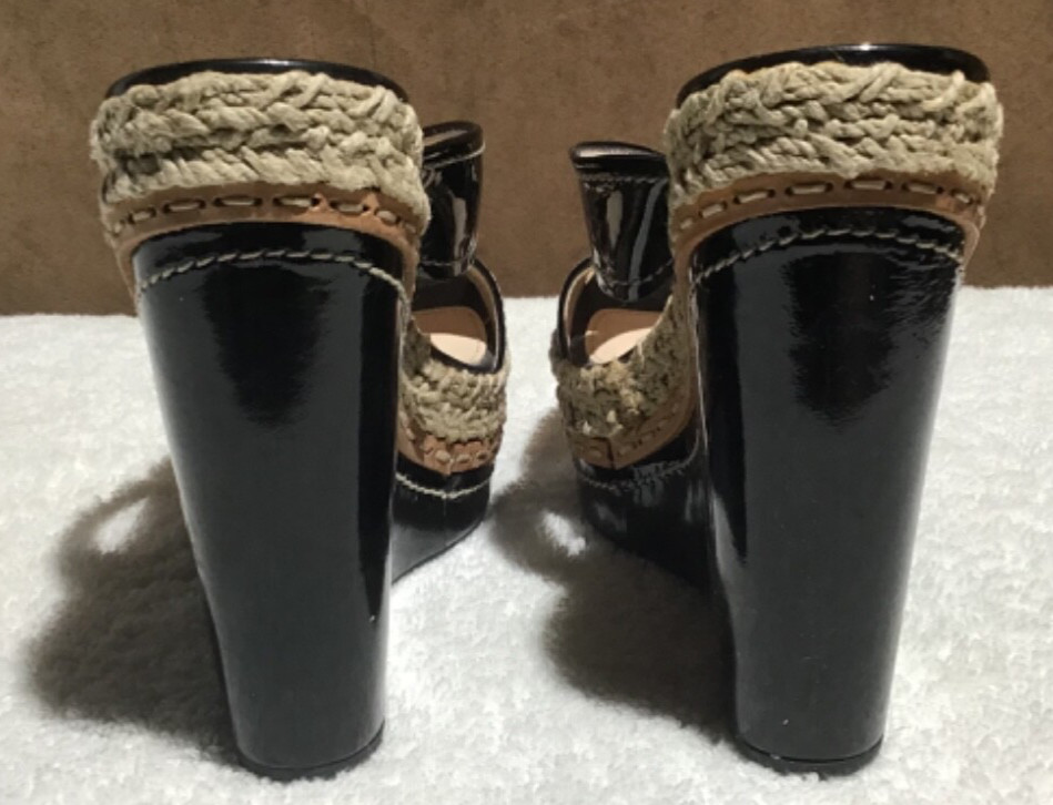 Prada Vernice Black Patent Leather Platform Espadrille Logo Wedge Size 36.5 image 4