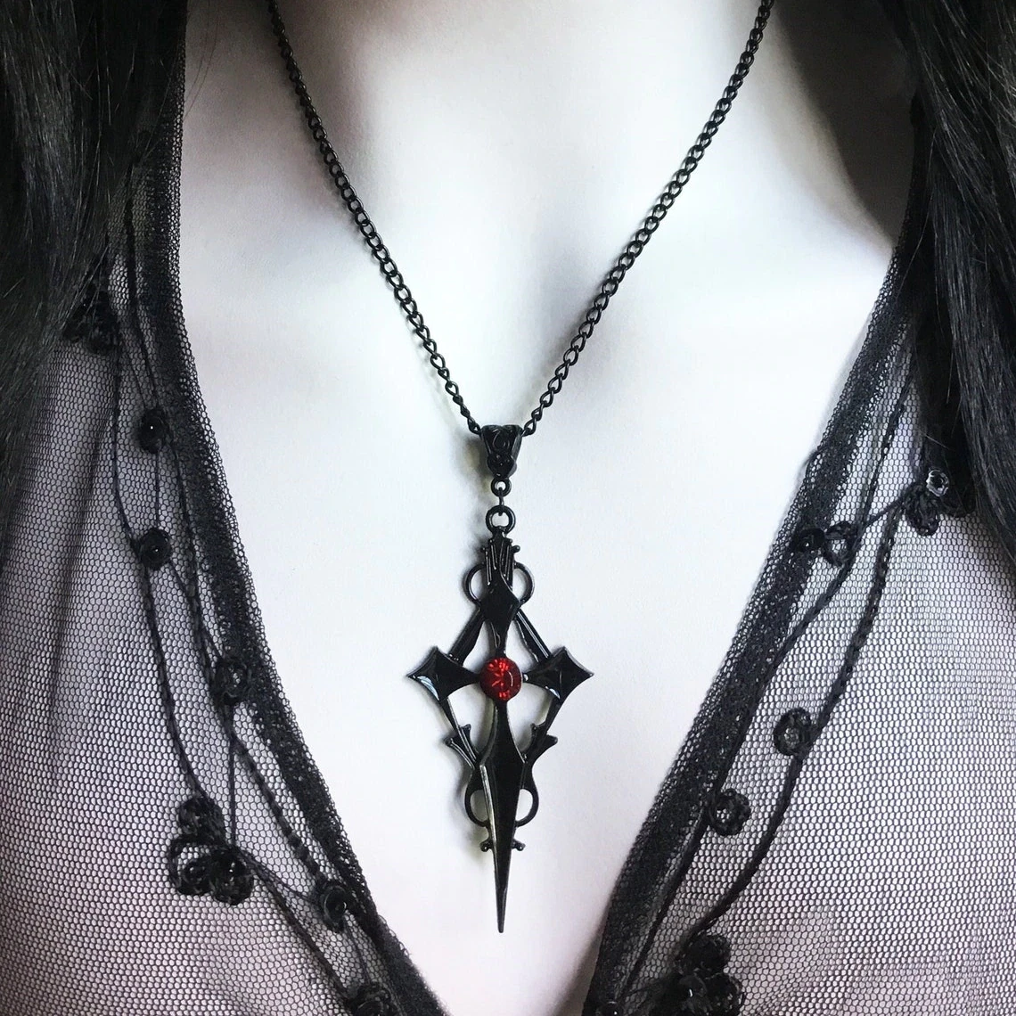 Black Pointed Cross Vampire Necklace Gothic Jewelry Halloween Dagger Cross chain