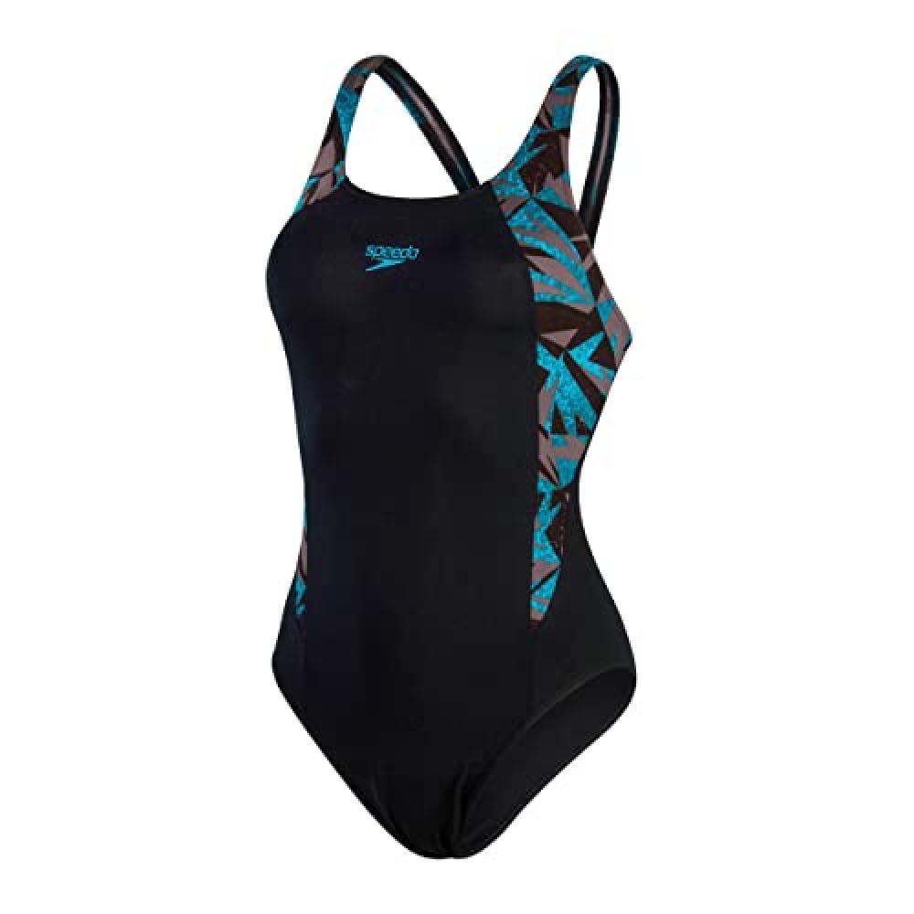 (TG. 30) Speedo Hyper Boom Splice Muscleback Costume intero Donna, Nero/Bolt/Tor