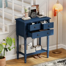 Elegant Narrow Sofa Table - Navy Finish with 3 Drawers and Functional Shelf