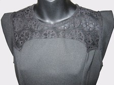 LBD Sz L Elodie Fitted Knit Dress Black Lace Yoke Flare Skirt Cap Sleeve NWT