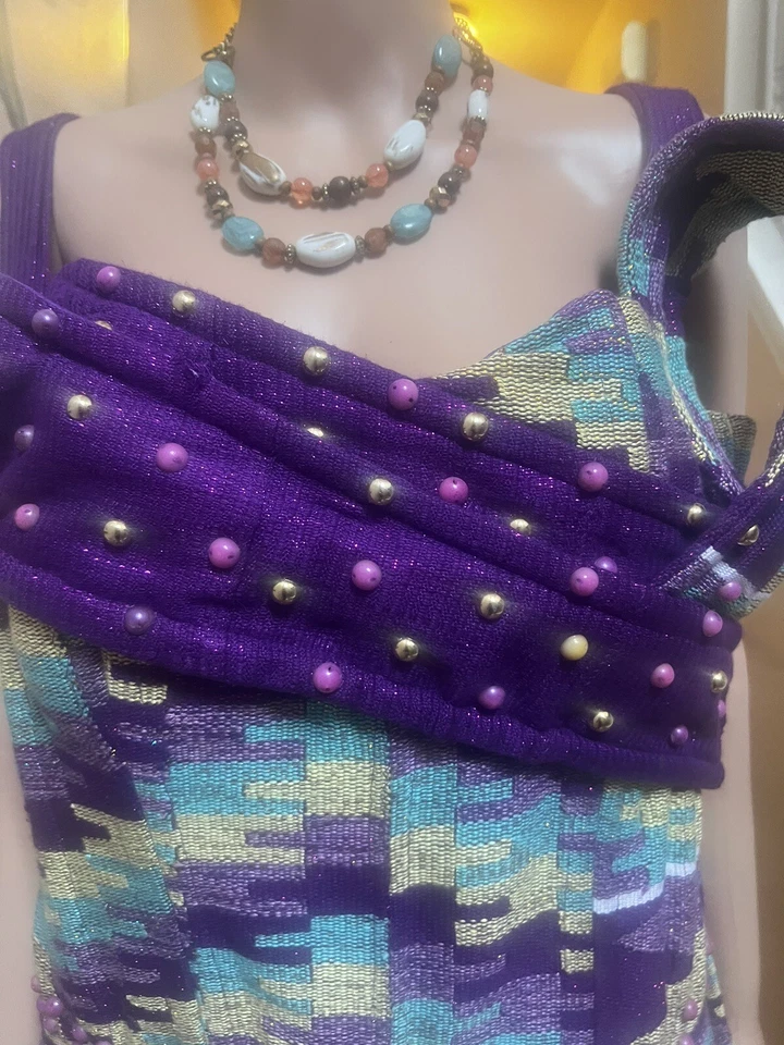 Kente Dress Printed In Purple Gold And Light Green Print With Beautiful Beads - Image 4 of 4