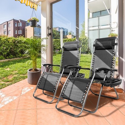 2 Folding Zero Gravity Lounge Chairs + Utility Tray Outdoor Beach Patio US
