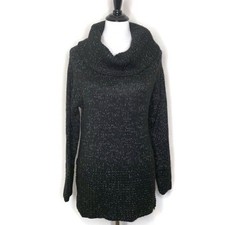 DKNY Marled Chunky Knit Cowl Neck Black Sweater Womens S Tunic Cozy Split Cozy
