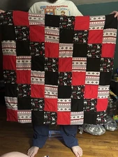 Handmade Patchwork Quilt Blanket  36x36 Fleece Backing Red, Black, & Reindeer