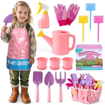 Pink Gardening Tools Set, Garden Toys w/Metal Rake, Shovel, Trowel, Watering ...