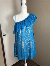 Trixxi One-Shoulder Blue Lace Mini Dress Ruffle Nude Lining Small NWT Brunch