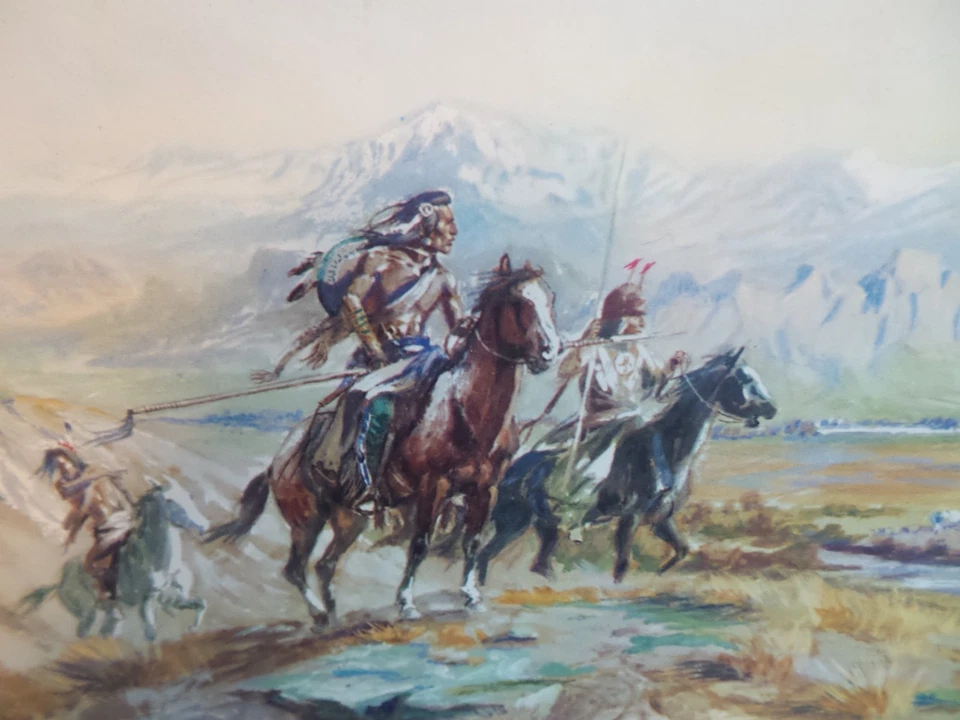 Placa litográfica rara vintage Charles M Russell "intrusos" emoldurada 16"x13" - Imagem 4 de 4