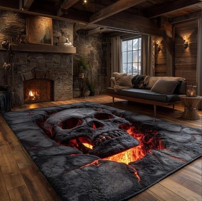 Skull Lava Pit Area Rug, Dark Gothic 3D Skull Fire Rug, Horror Fantasy