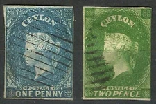 Ceylon 1857-59 1d & 2d used stamps, watermark star, SG: 2 & 3b, lovely stamps, S