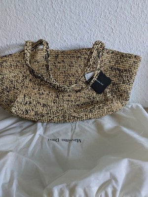 Massimo Dutti Damen Tragetasche Stroh Beige/Schwarz geflochten Doppelgriff