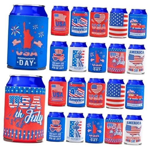 4th of July Decorations 20 Pcs Can Cooler Sleeves Bulk for Red White Blue