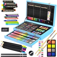 Sunnyglade 145 Piece Deluxe Art Set, Wooden Art Box  Drawing Kit with Crayons,