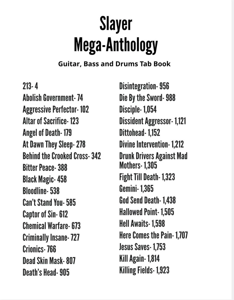 SLAYER MEGA-ANTHOLOGY GUITAR TAB TABLATURE BOOK 69 SONGS METALLICA TESTAMENT - Image 2 of 4