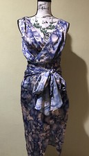 NWT ASOS Sz 4 Satin Faux Wrap Tie Front Dress Open Back Blue Tan Print D7